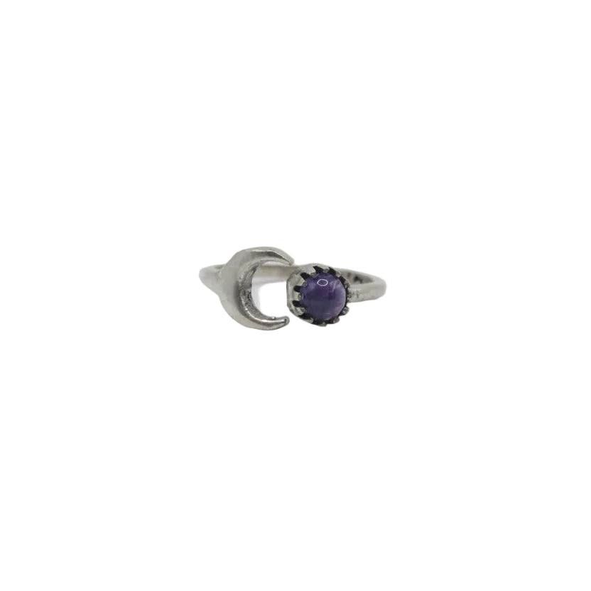 Anillo Luna de Latón con Piedra Violeta — Talla Ajustable